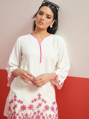 White Thread Embroidered Short Kurti With Farshi Salwar-Shae by SASSAFRAS