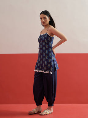 Navy Blue Floral Strappy Kurta With Afghani Salwar-Shae by SASSAFRAS