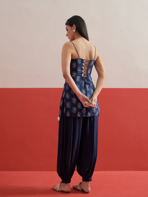 Navy Blue Floral Strappy Kurta With Afghani Salwar-Shae by SASSAFRAS
