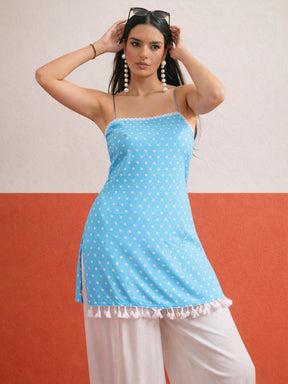 Blue Polka Dot Strappy Kurta With Afghani Salwar-Shae by SASSAFRAS