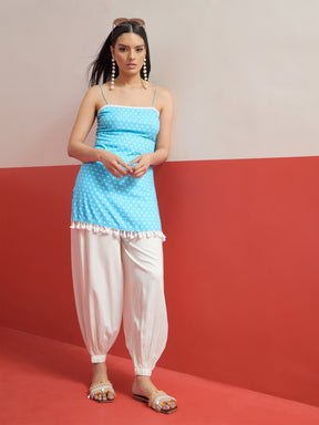 Blue Polka Dot Strappy Kurta With Afghani Salwar-Shae by SASSAFRAS