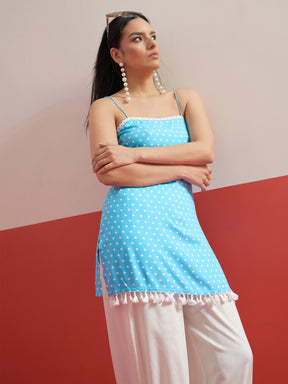 Blue Polka Dot Strappy Kurta With Afghani Salwar-Shae by SASSAFRAS