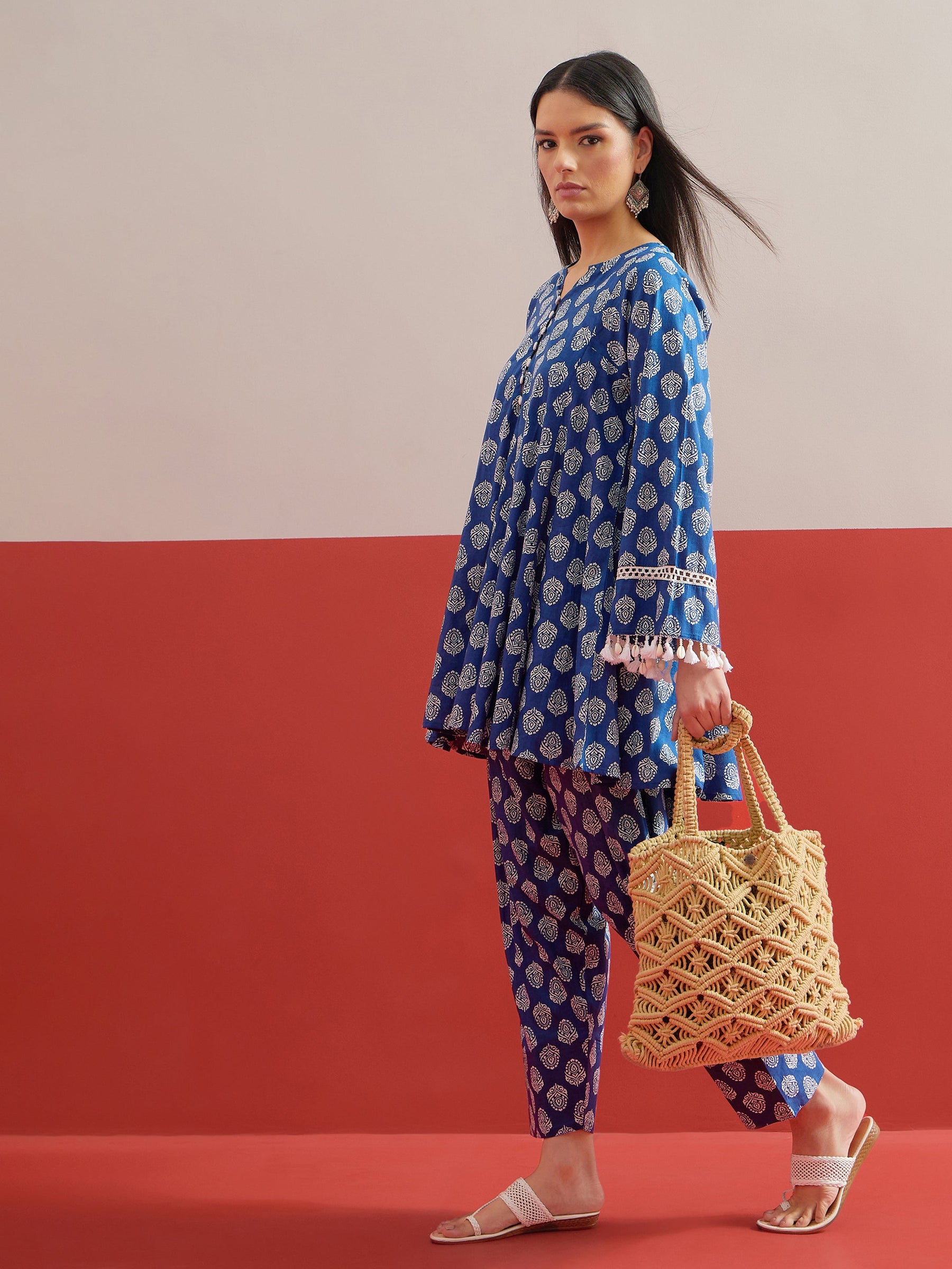 Blue Floral Choga Kurta With Farshi Salwar-Shae by SASSAFRAS