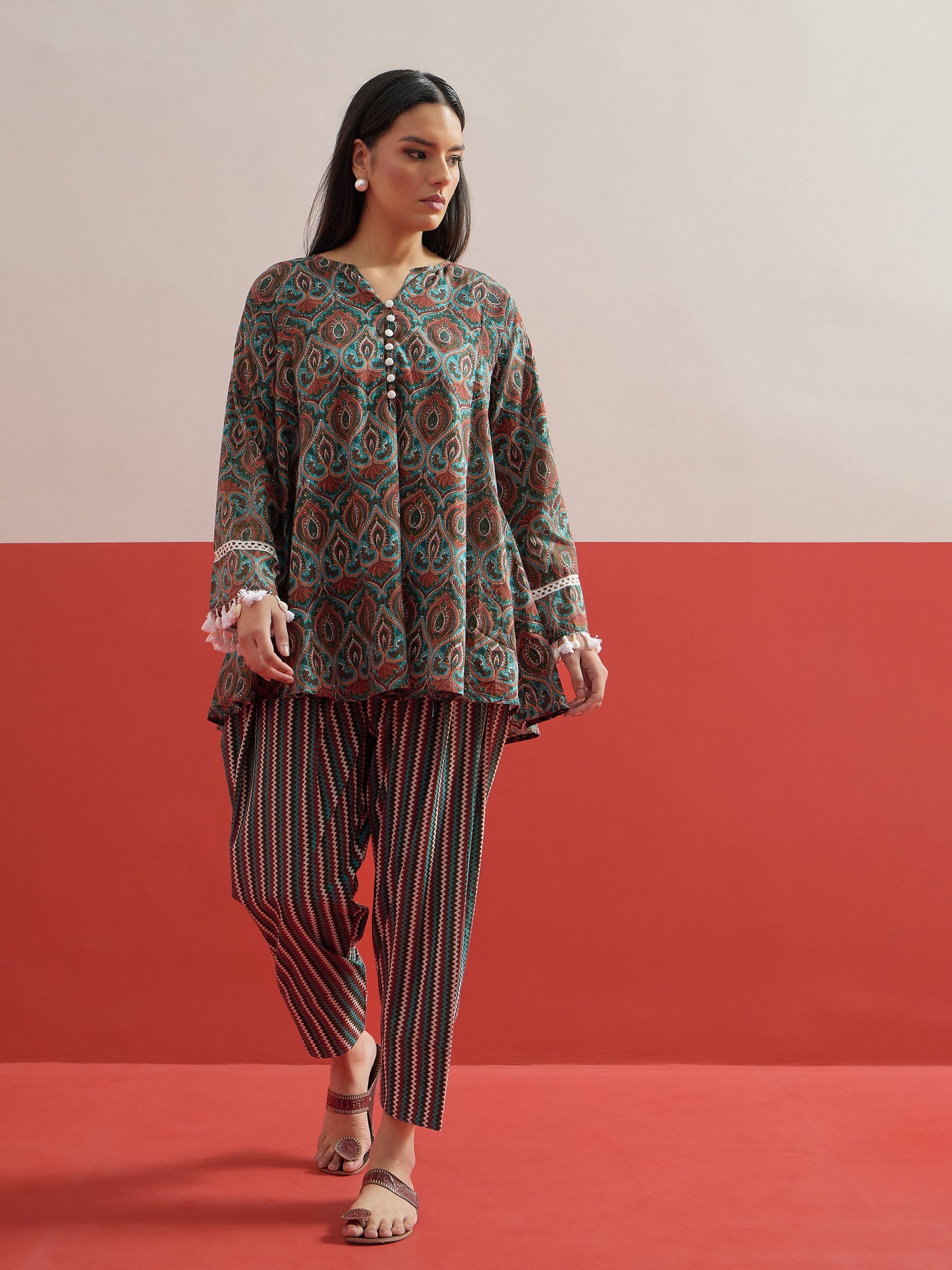 Green Floral Choga Kurta With Farshi Salwar-Shae by SASSAFRAS