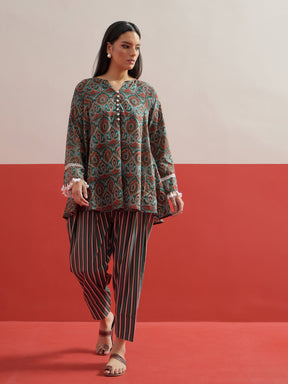 Green Floral Choga Kurta With Farshi Salwar-Shae by SASSAFRAS