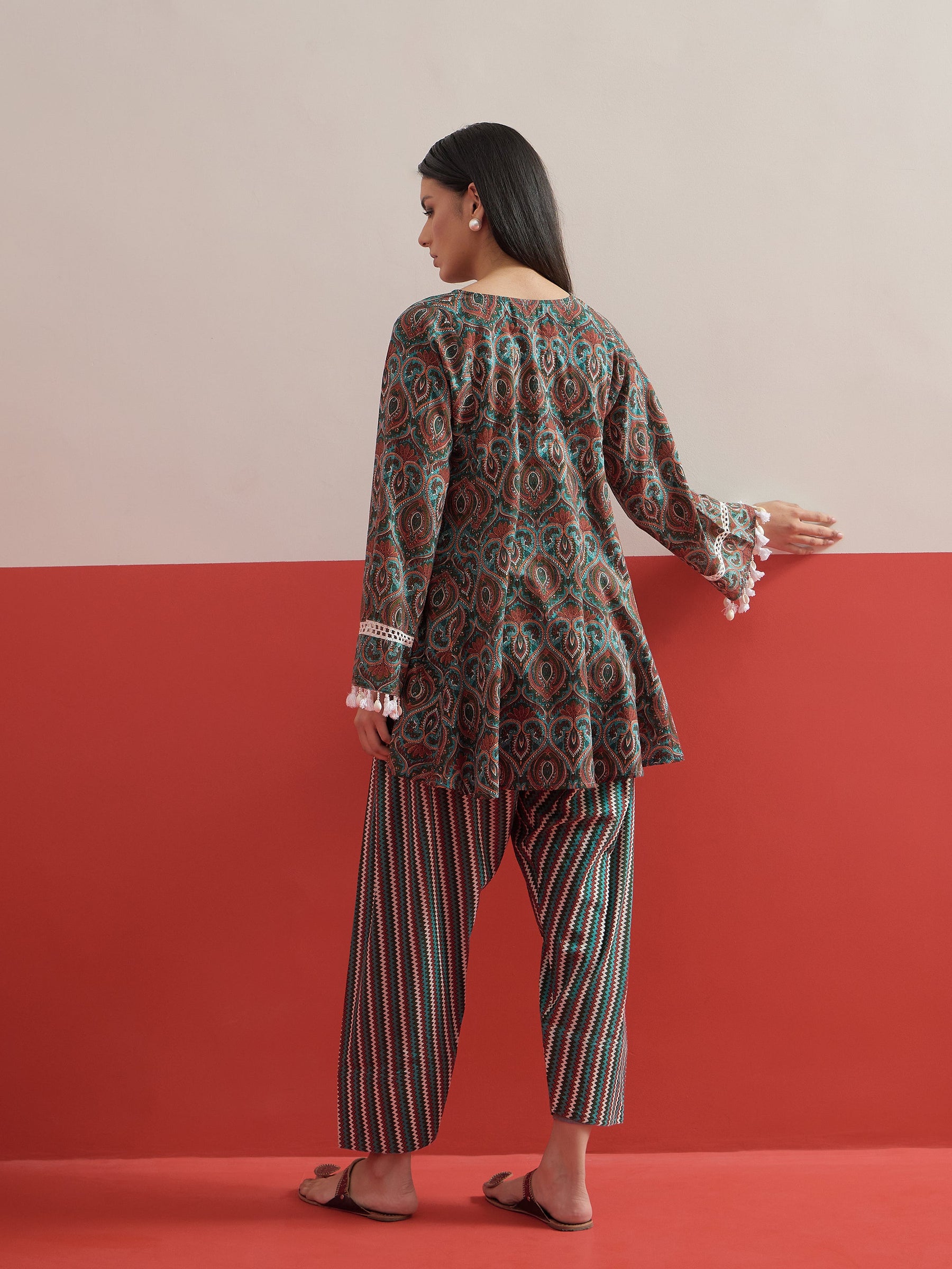 Green Floral Choga Kurta With Farshi Salwar-Shae by SASSAFRAS