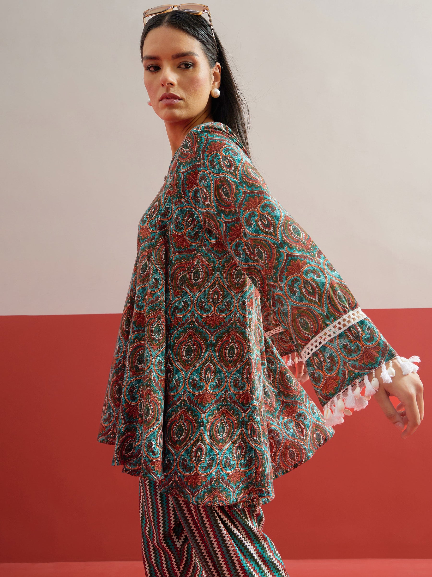 Green Floral Choga Kurta With Farshi Salwar-Shae by SASSAFRAS
