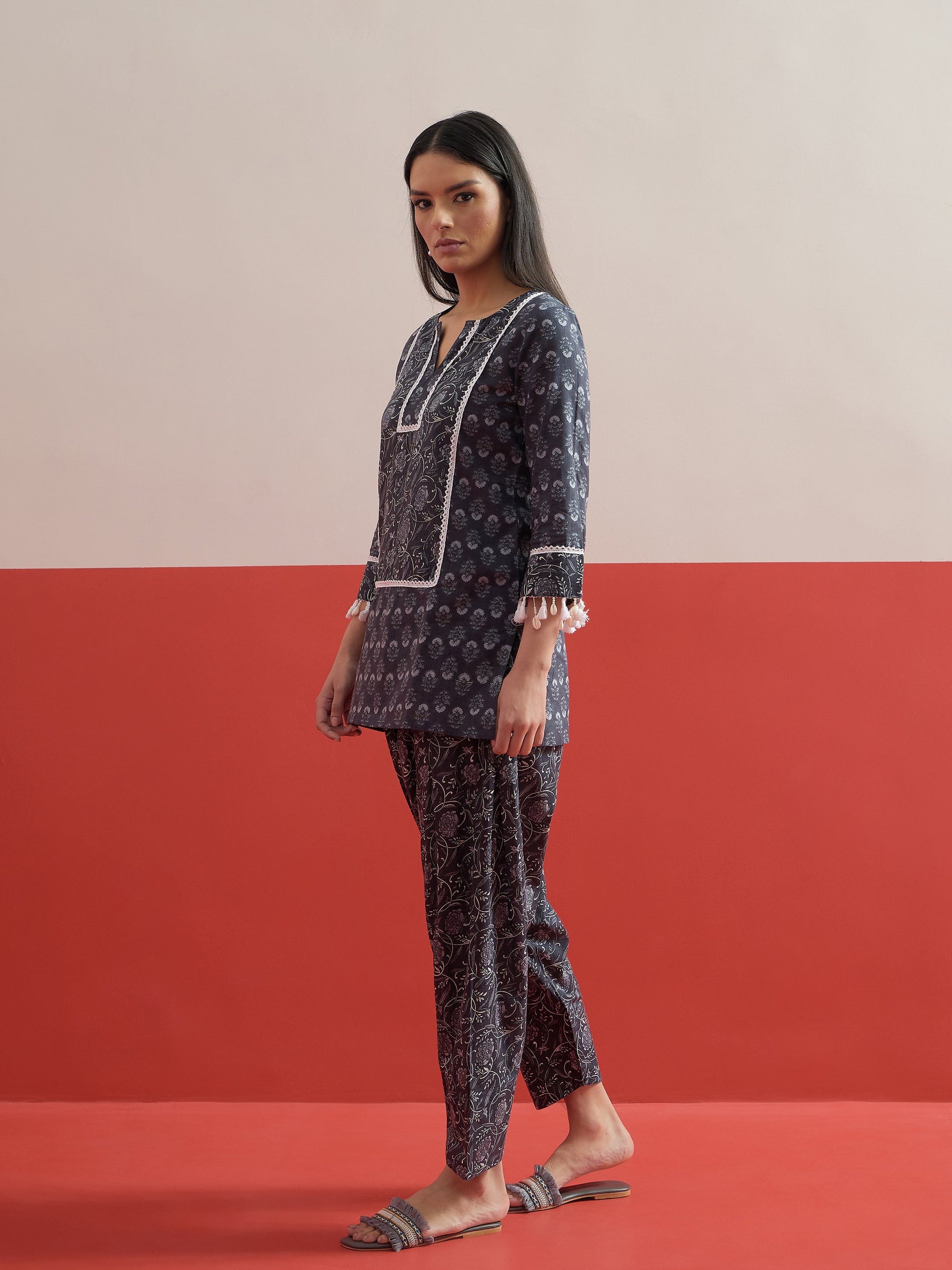 Grey Floral Short Kurti With Farshi Salwar -Shae by SASSAFRAS