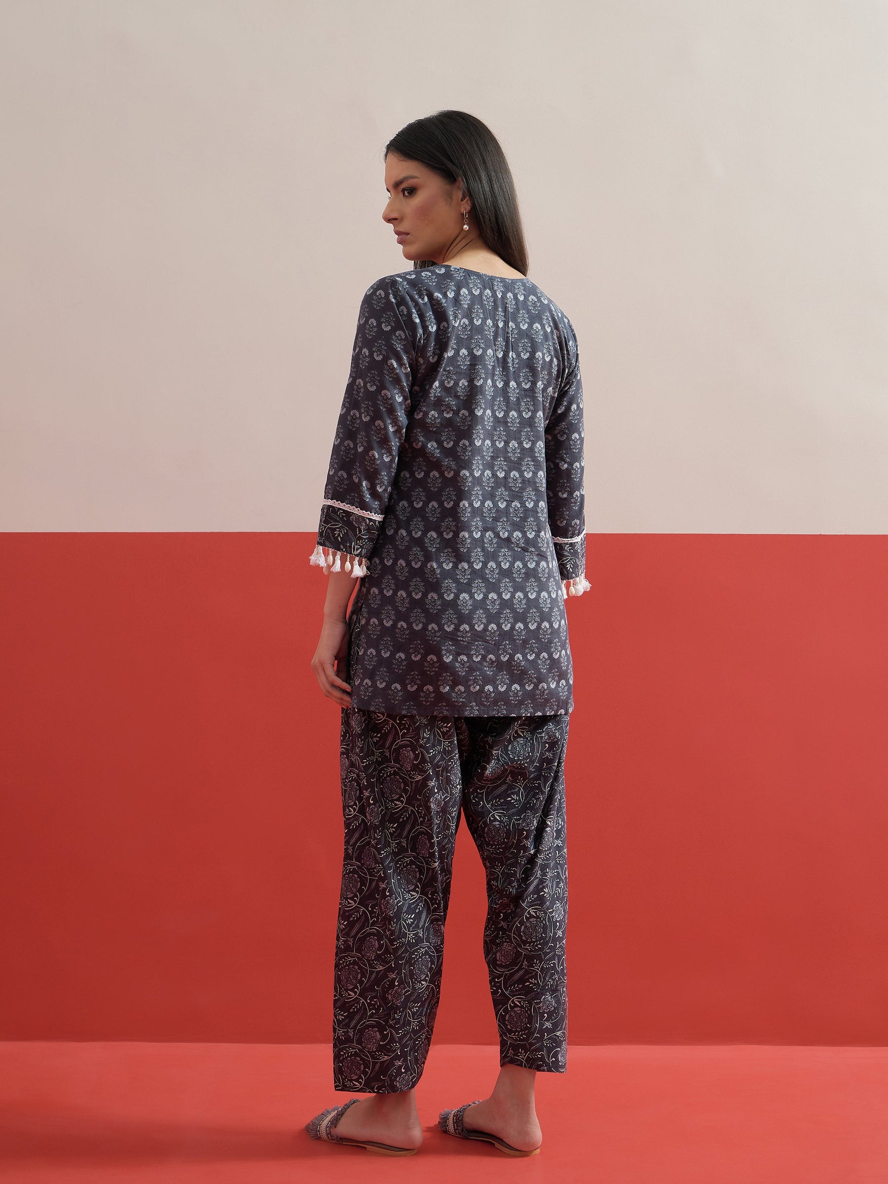 Grey Floral Short Kurti With Farshi Salwar -Shae by SASSAFRAS