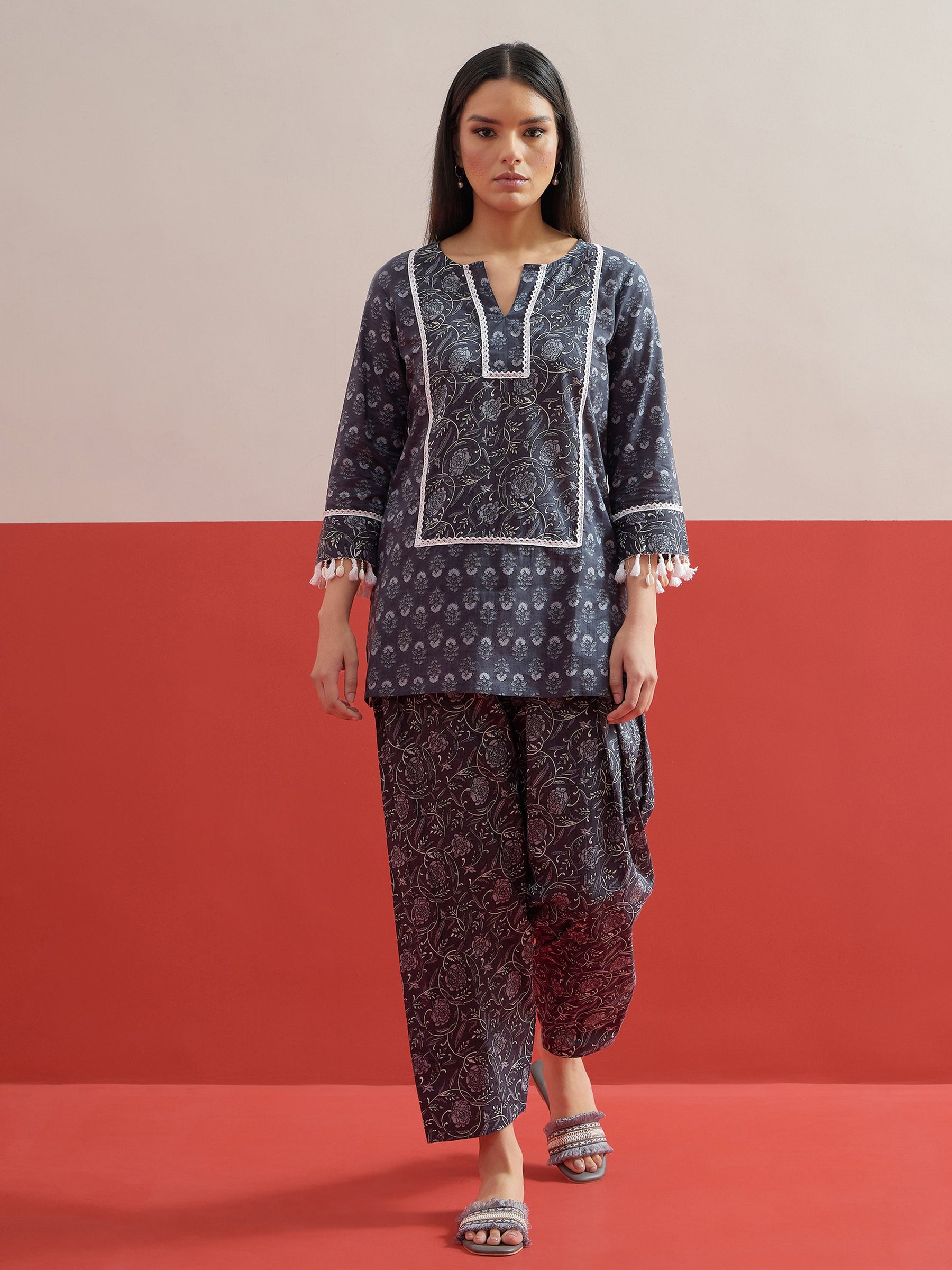 Grey Floral Short Kurti With Farshi Salwar -Shae by SASSAFRAS