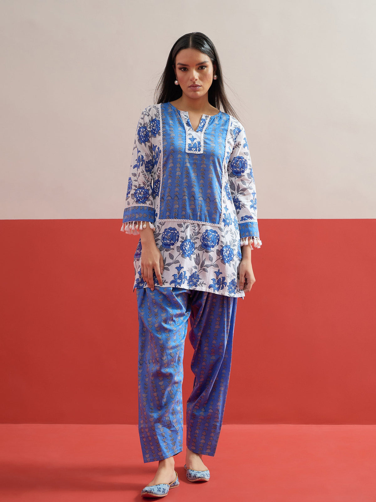 Blue Floral Short Kurti With Pharsi Salwar -Shae by SASSAFRAS