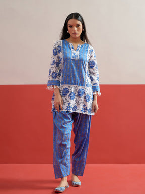 Blue Floral Short Kurti With Farshi Salwar -Shae by SASSAFRAS