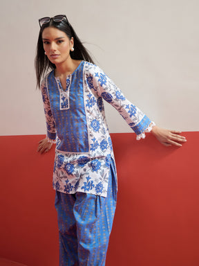 Blue Floral Short Kurti With Farshi Salwar -Shae by SASSAFRAS