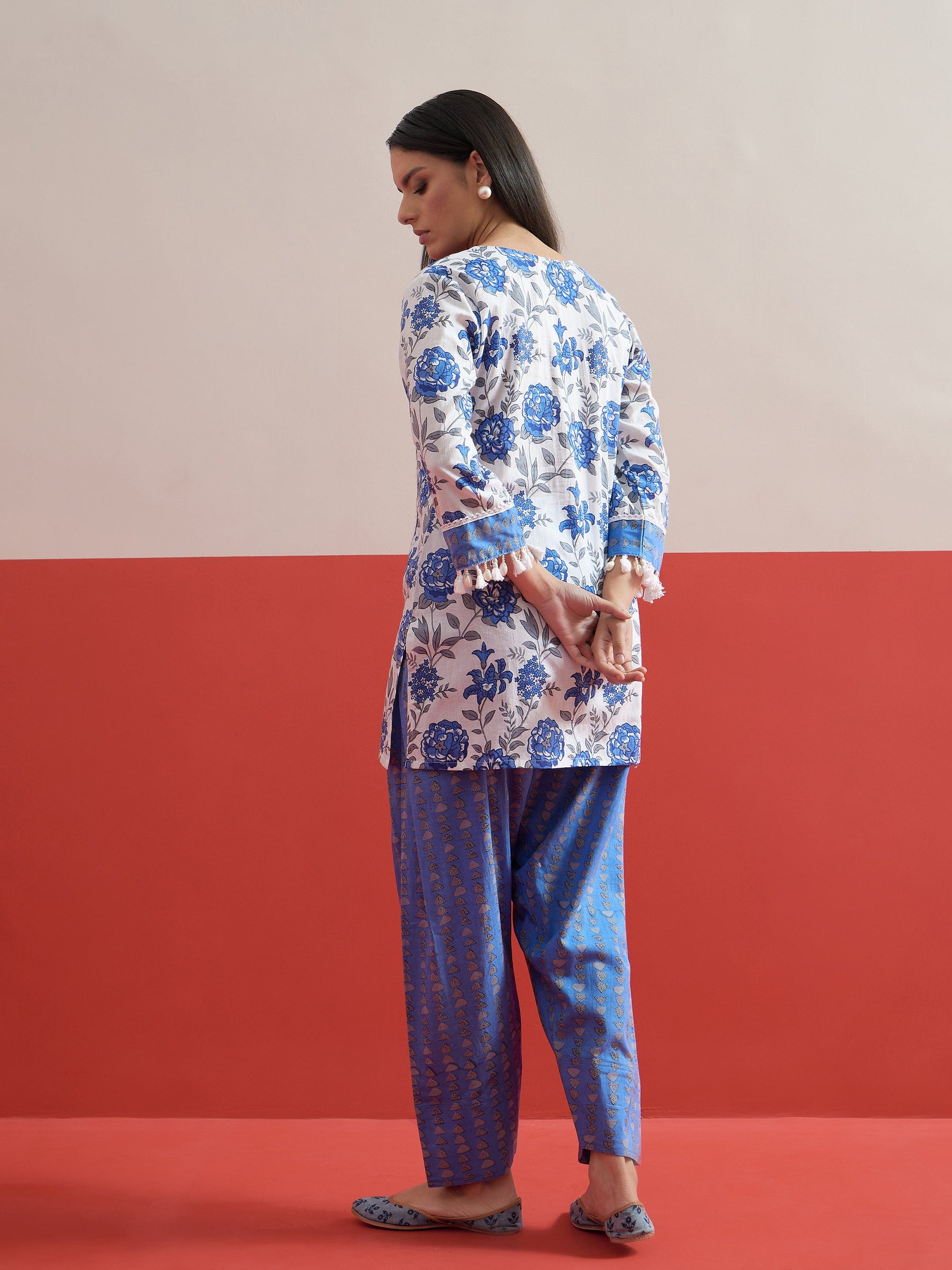 Blue Floral Short Kurti With Farshi Salwar -Shae by SASSAFRAS