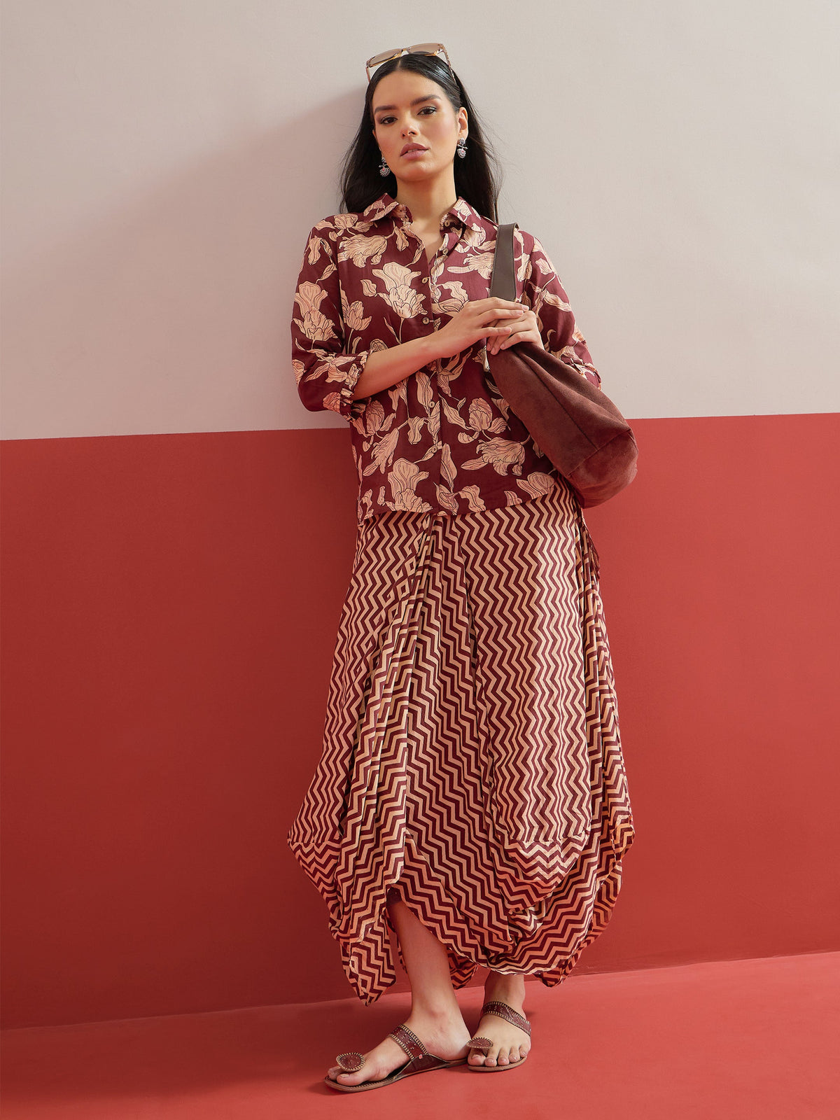 Brown Floral Button Down Top With Dhoti Skirt-Shae by SASSAFRAS