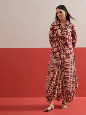 Brown Floral Button Down Top With Dhoti Skirt-Shae by SASSAFRAS