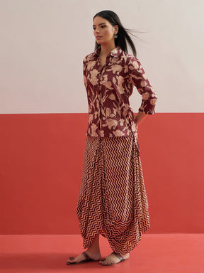 Brown Floral Button Down Top With Dhoti Skirt-Shae by SASSAFRAS