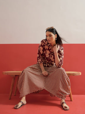 Brown Floral Button Down Top With Dhoti Skirt-Shae by SASSAFRAS