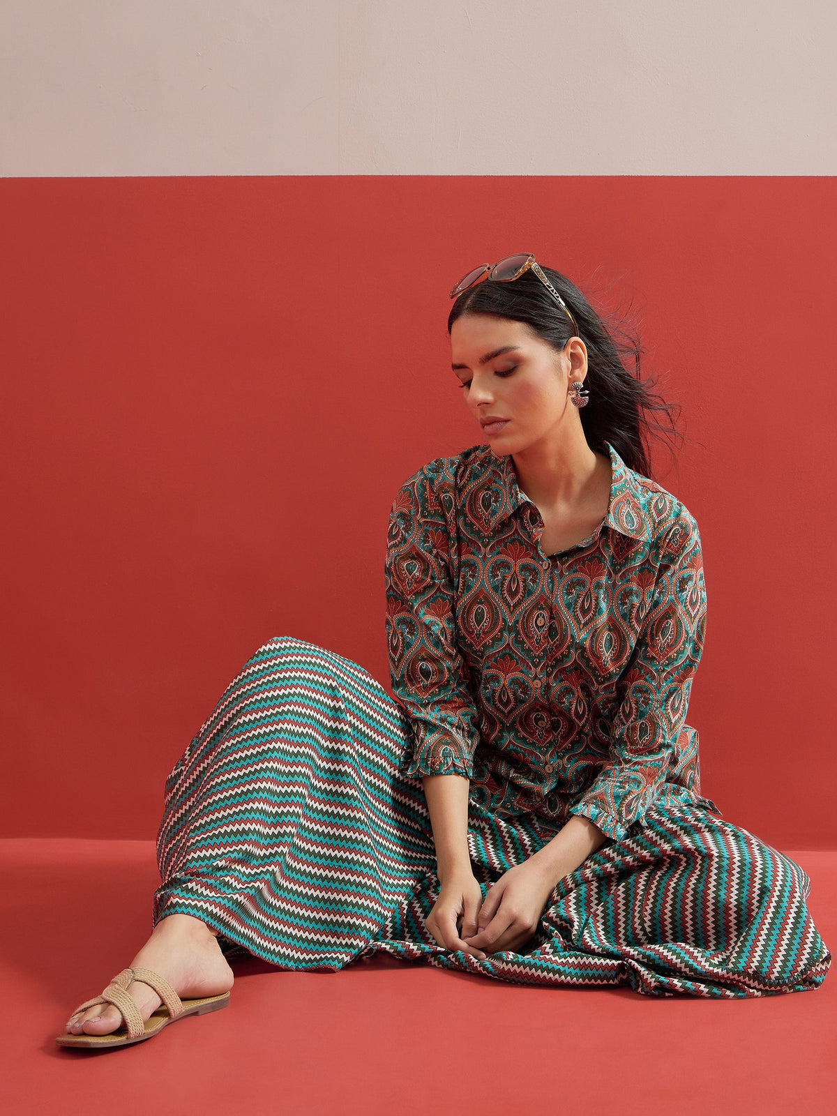 Green Floral Button Down Top With Dhoti Skirt-Shae by SASSAFRAS