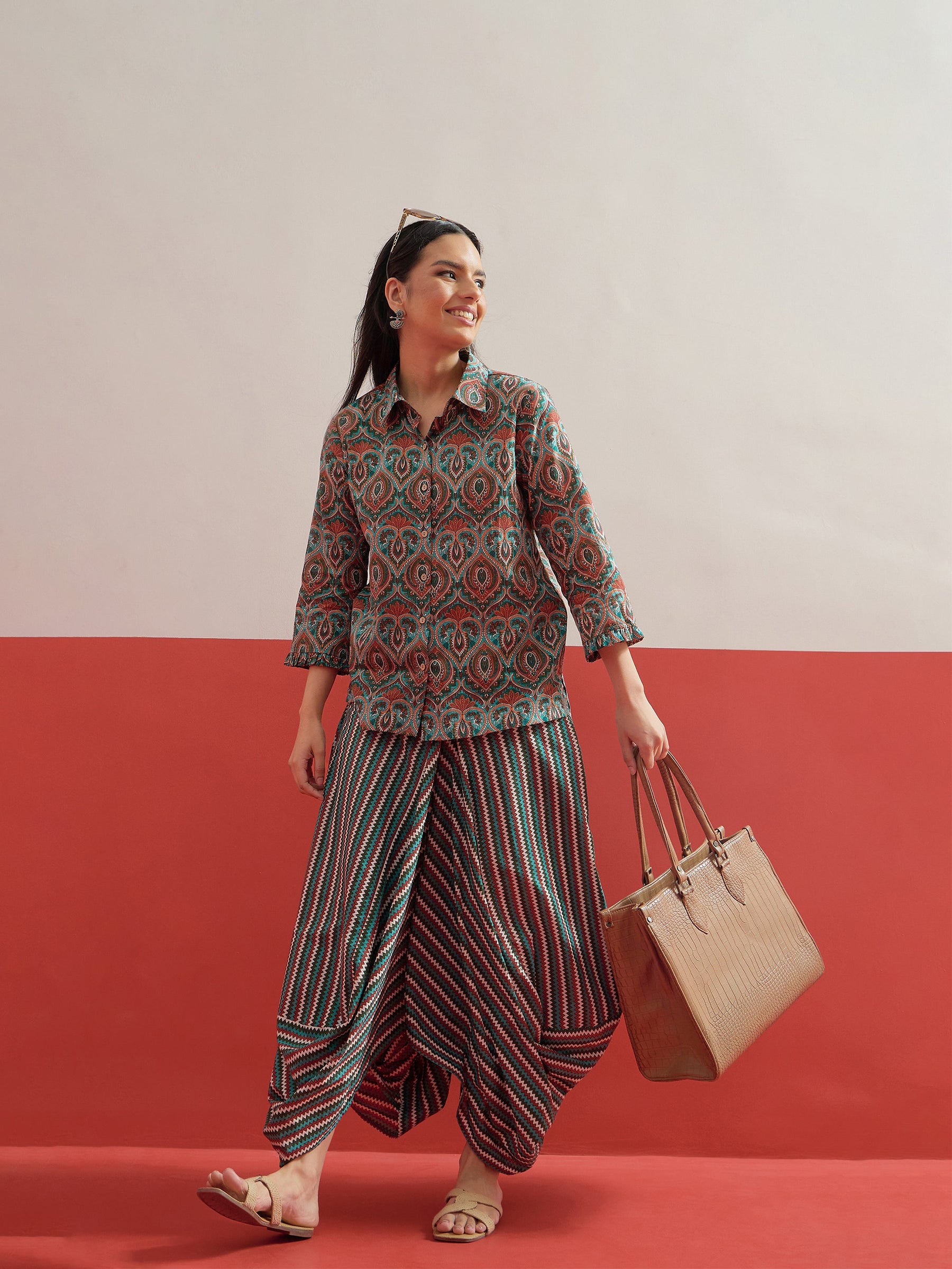 Green Floral Button Down Top With Dhoti Skirt-Shae by SASSAFRAS