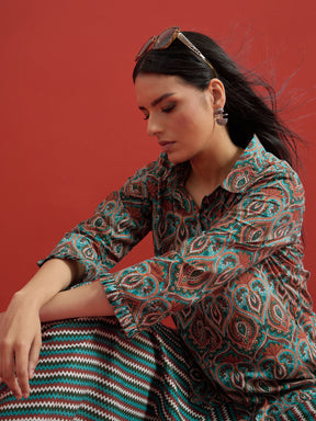 Green Floral Button Down Top With Dhoti Skirt-Shae by SASSAFRAS