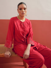 Red All Over Embroidered Short Kurti With Farshi Salwar-Shae by SASSAFRAS