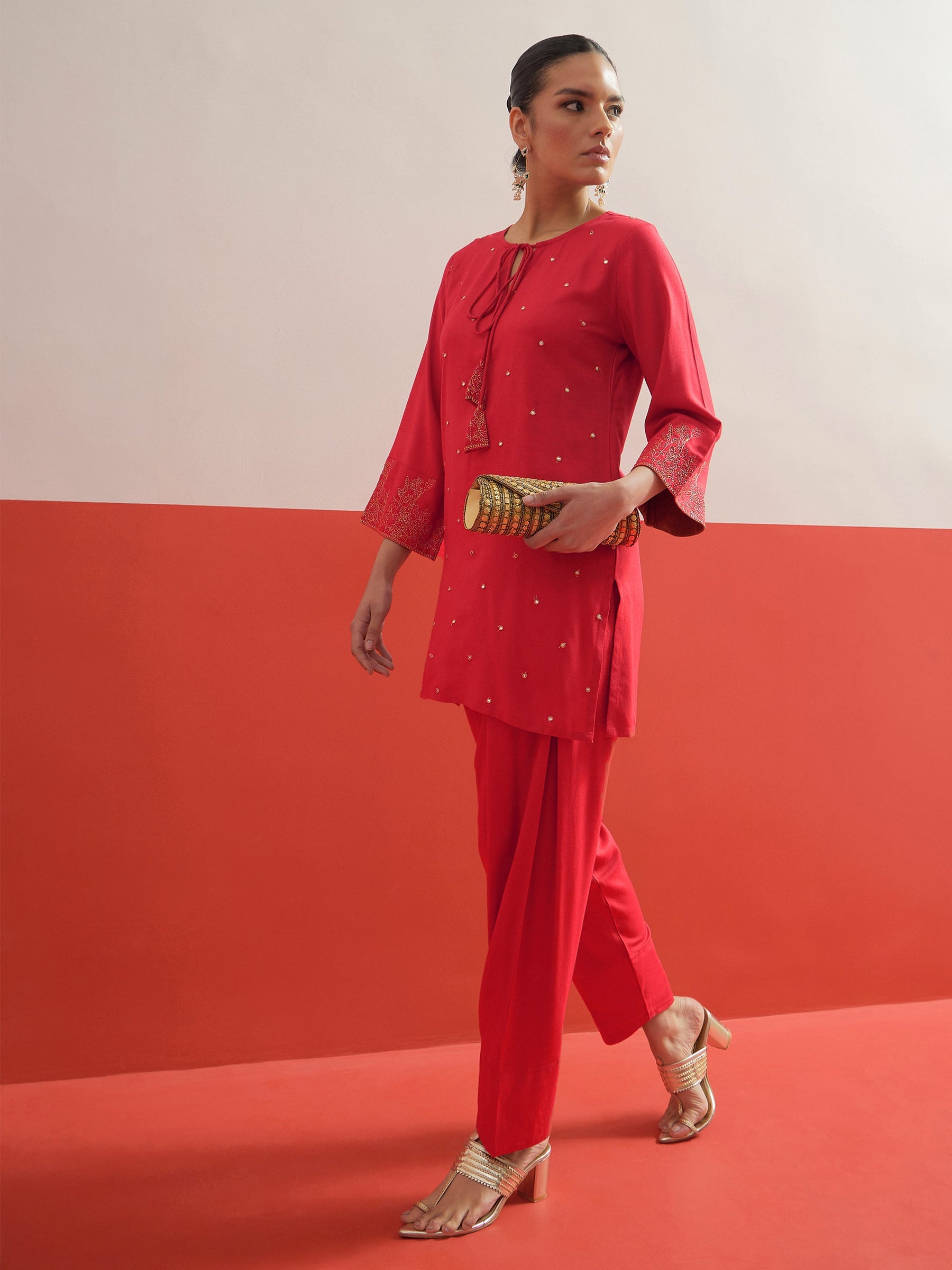 Red All Over Embroidered Short Kurti With Farshi Salwar-Shae by SASSAFRAS