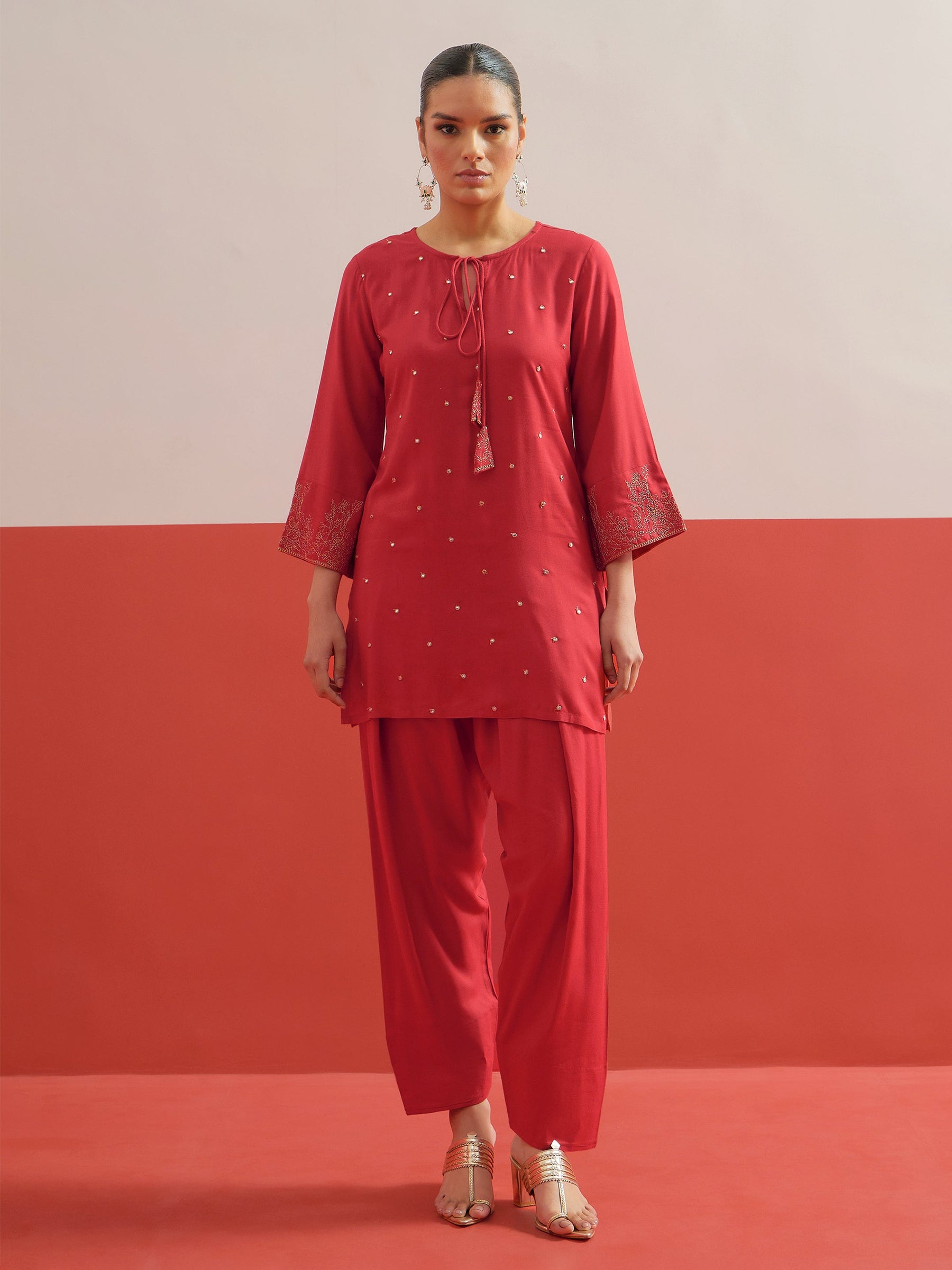 Red All Over Embroidered Short Kurti With Farshi Salwar-Shae by SASSAFRAS