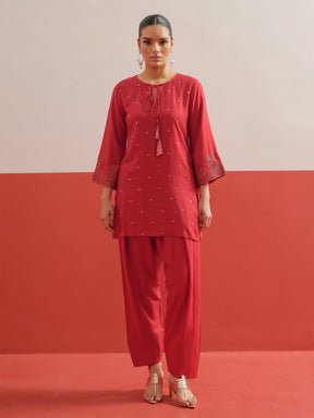 Red All Over Embroidered Short Kurti With Farshi Salwar-Shae by SASSAFRAS