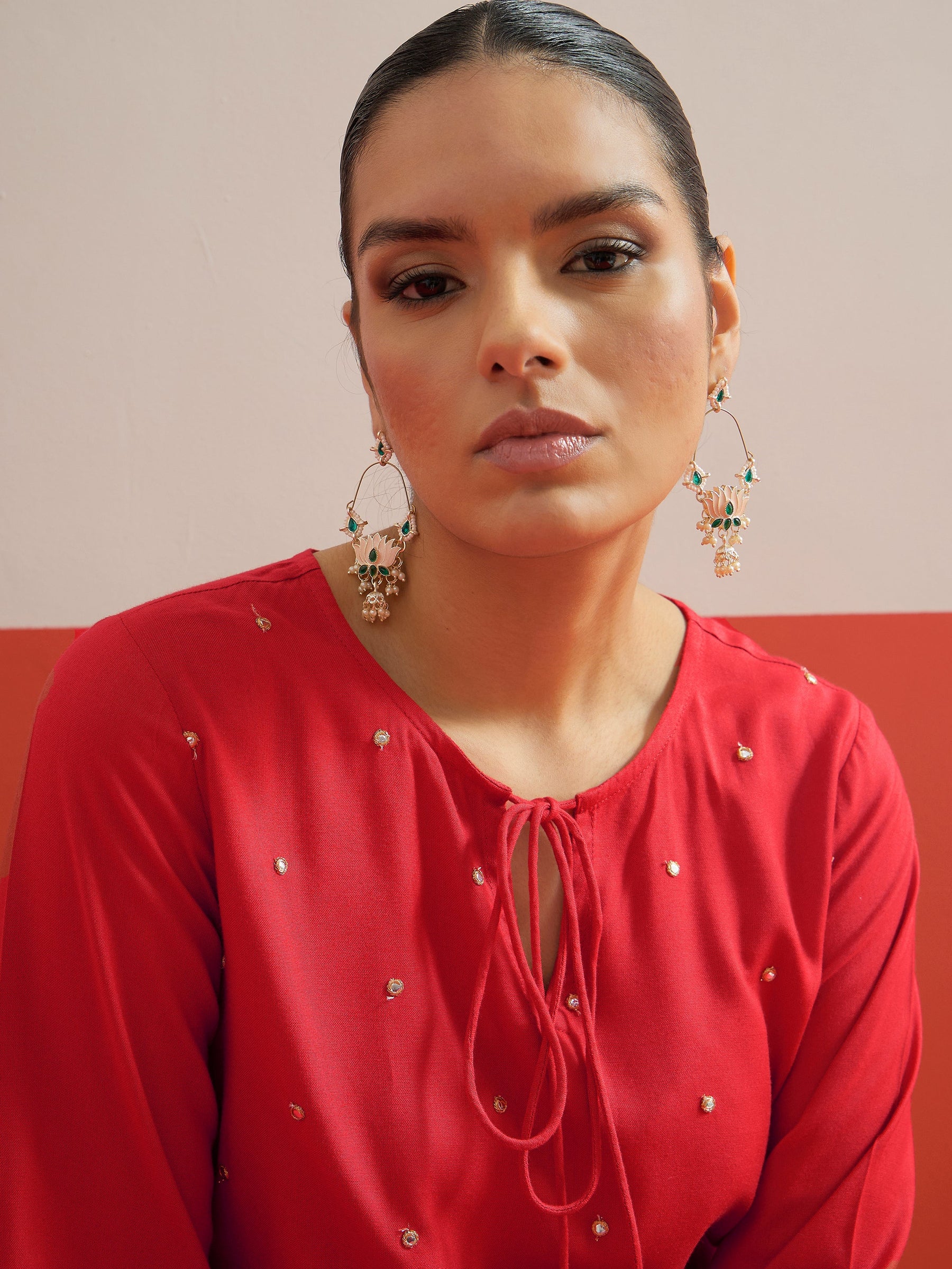 Red All Over Embroidered Short Kurti With Farshi Salwar-Shae by SASSAFRAS