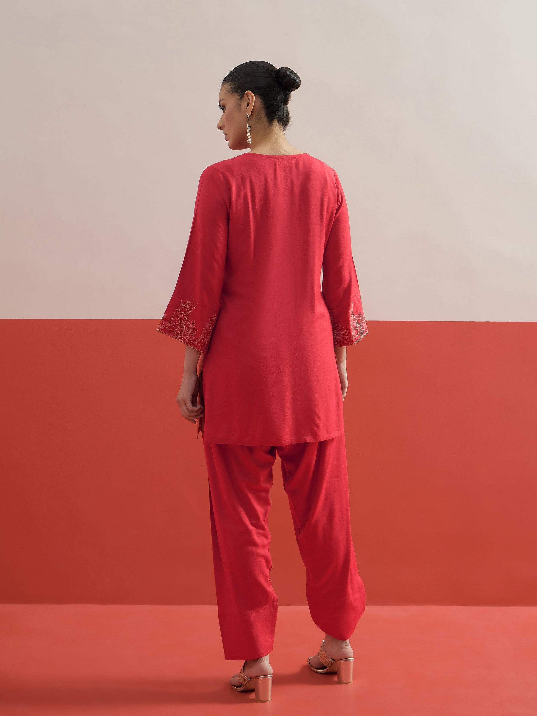 Red All Over Embroidered Short Kurti With Farshi Salwar-Shae by SASSAFRAS