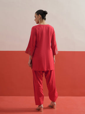 Red All Over Embroidered Short Kurti With Farshi Salwar-Shae by SASSAFRAS