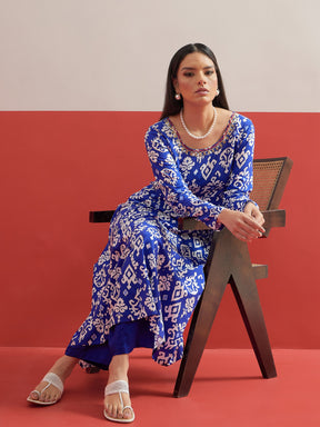 Blue Ikat Print Anarkali Kurta With Pencil Pants-Shae by SASSAFRAS