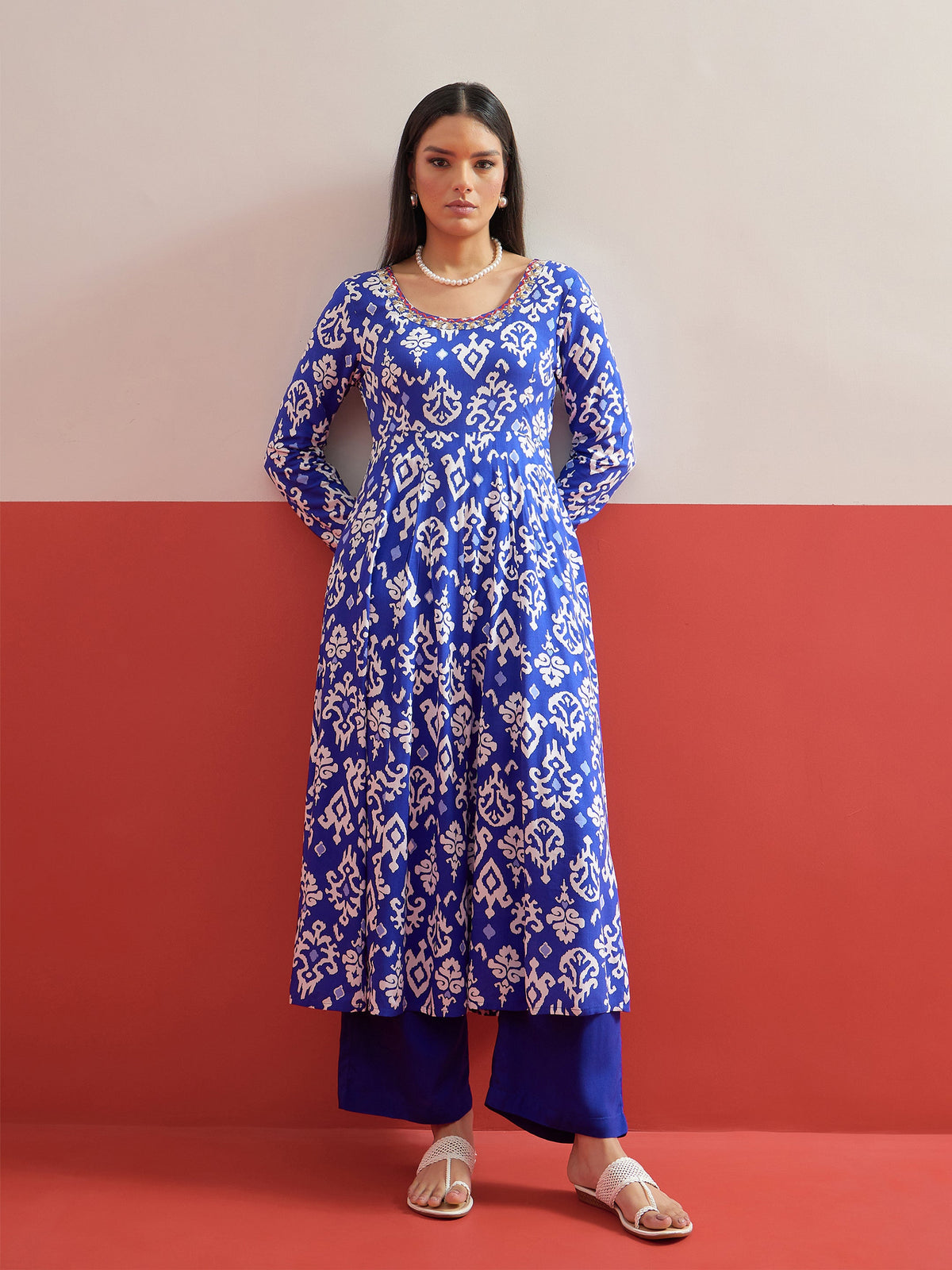 Blue Ikat Print Anarkali Kurta With Pencil Pants-Shae by SASSAFRAS