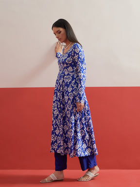 Blue Ikat Print Anarkali Kurta With Pencil Pants-Shae by SASSAFRAS