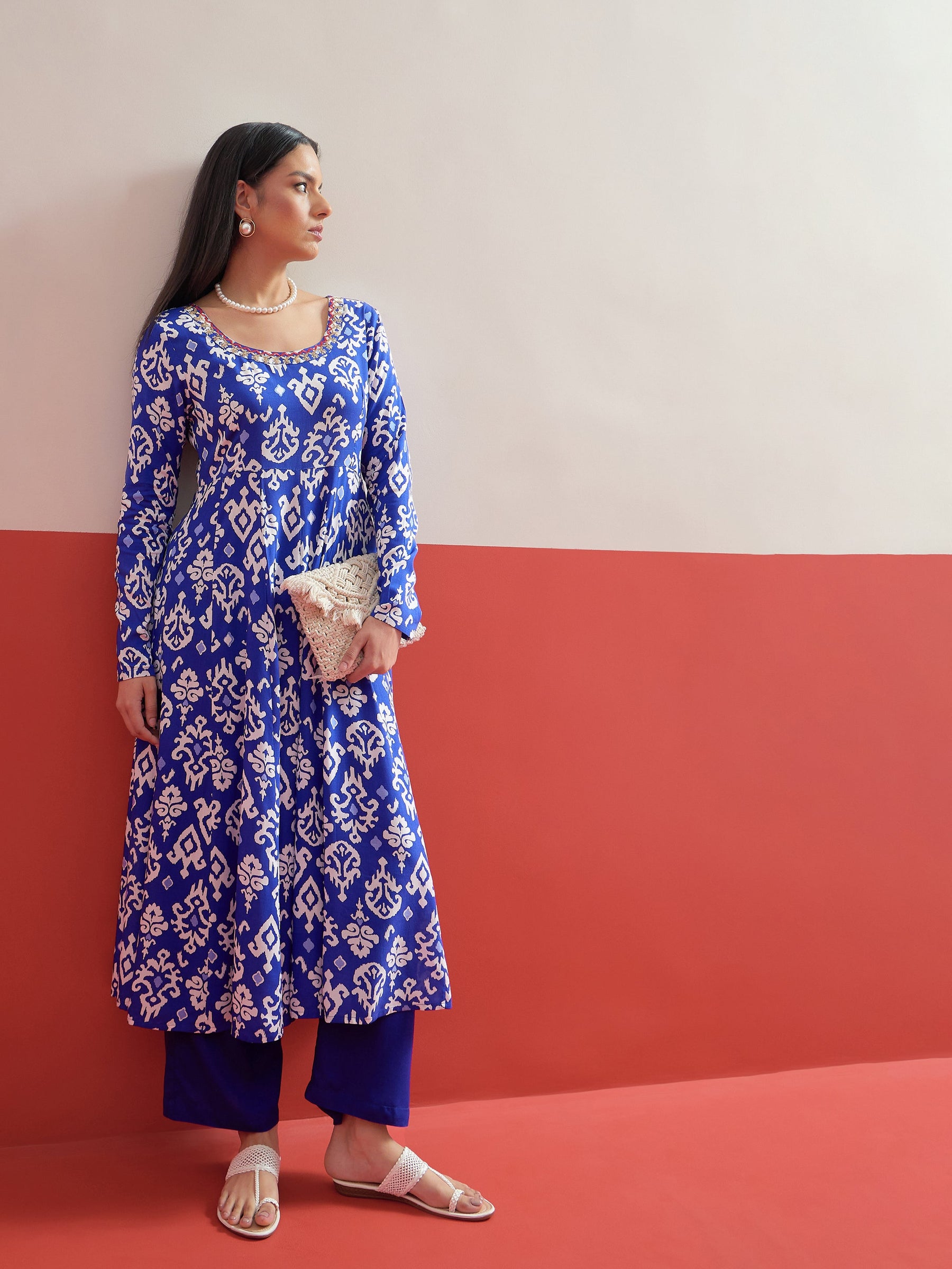 Blue Ikat Print Anarkali Kurta With Pencil Pants-Shae by SASSAFRAS