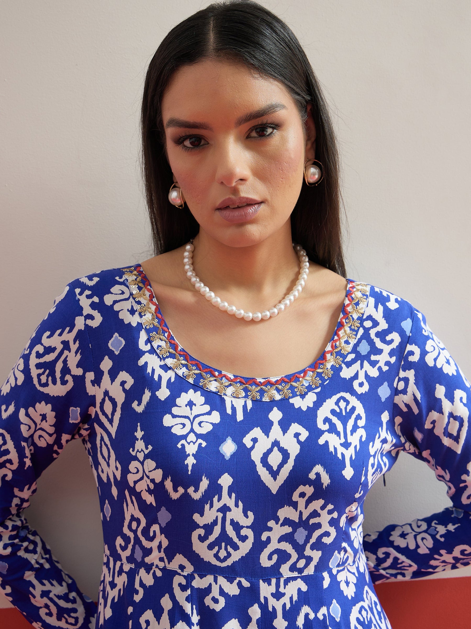 Blue Ikat Print Anarkali Kurta With Pencil Pants-Shae by SASSAFRAS