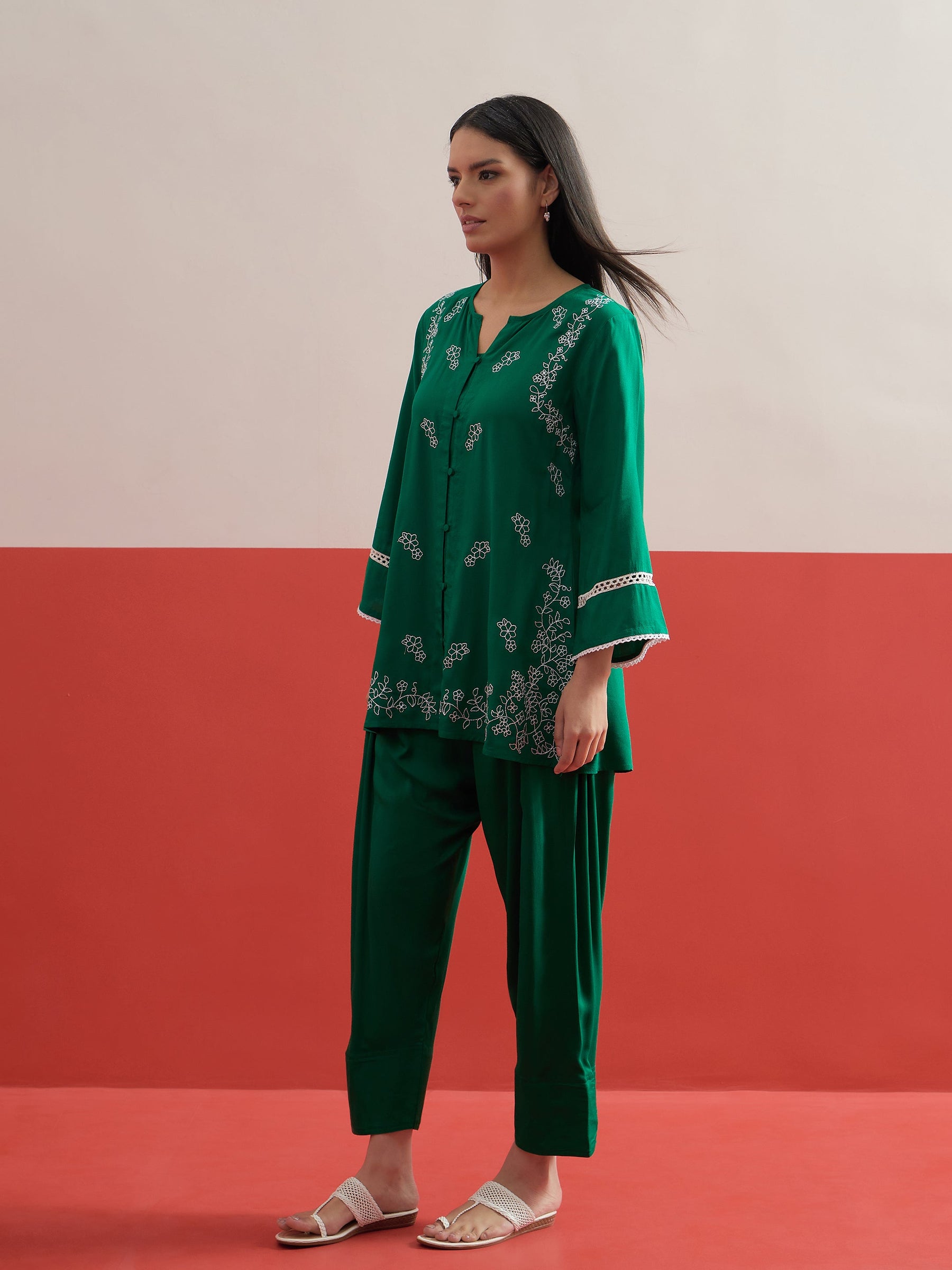 Green Embroidered Button Down Short Kurti With Farshi Salwar-Shae by SASSAFRAS