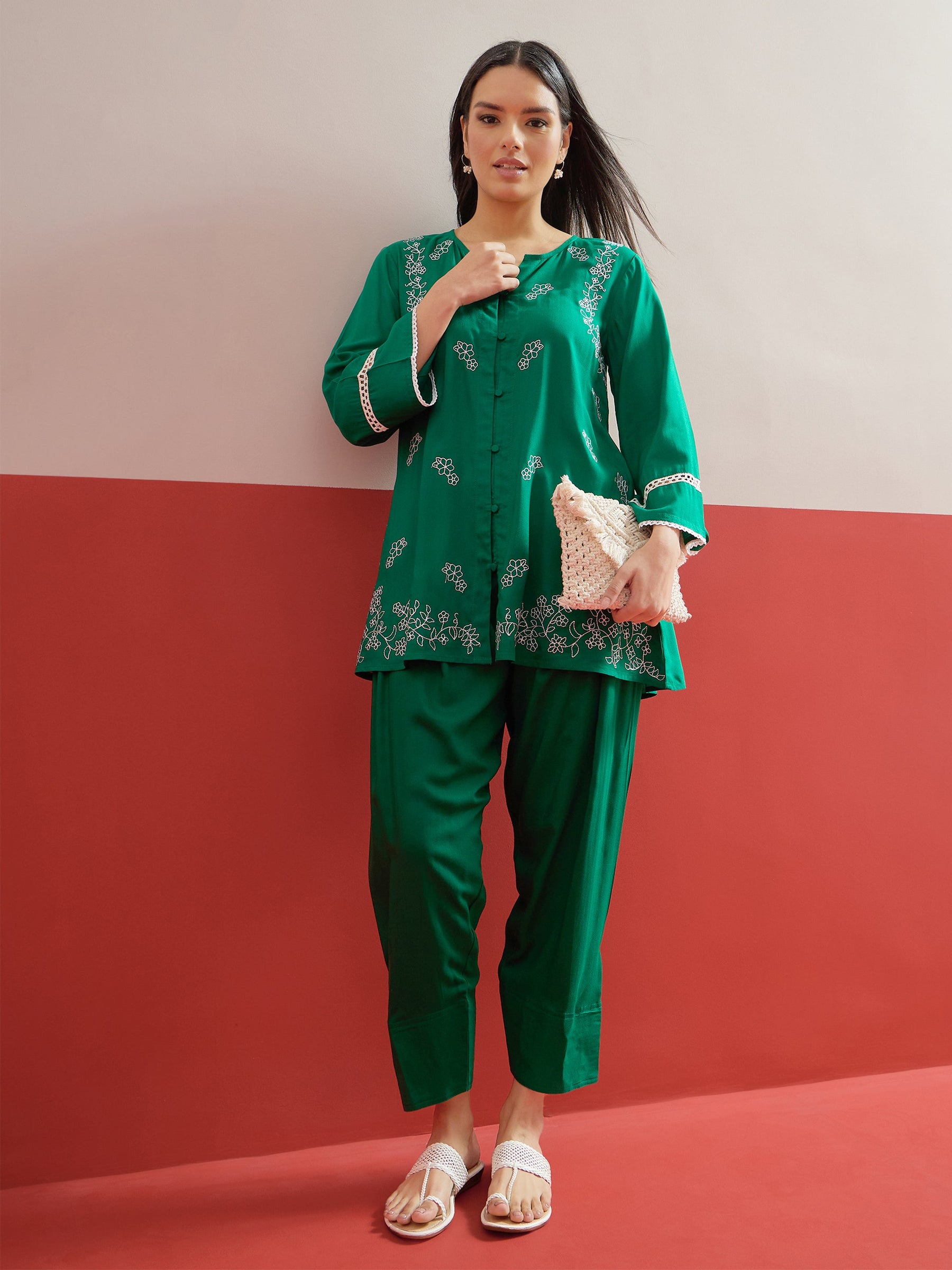 Green Embroidered Button Down Short Kurti With Farshi Salwar-Shae by SASSAFRAS