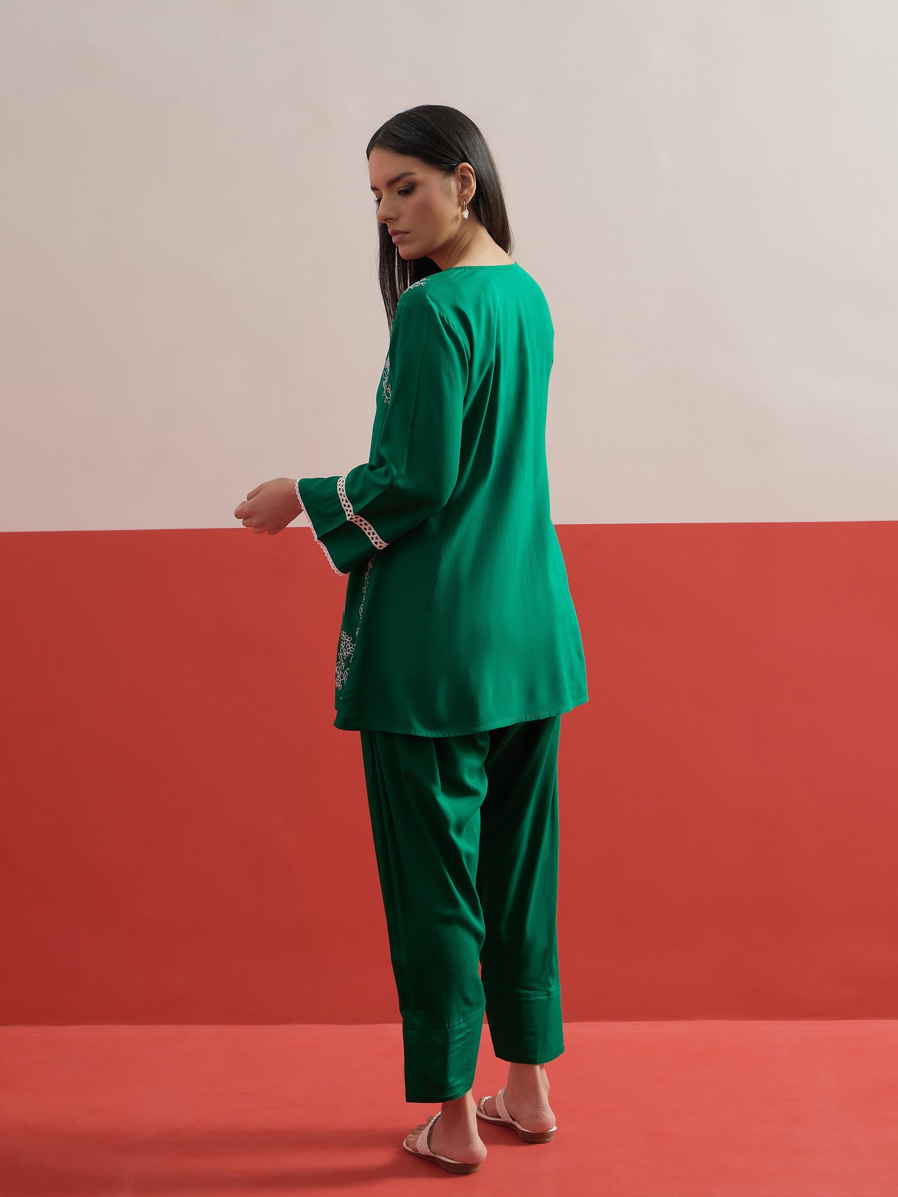 Green Embroidered Button Down Short Kurti With Farshi Salwar-Shae by SASSAFRAS