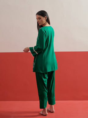 Green Embroidered Button Down Short Kurti With Farshi Salwar-Shae by SASSAFRAS