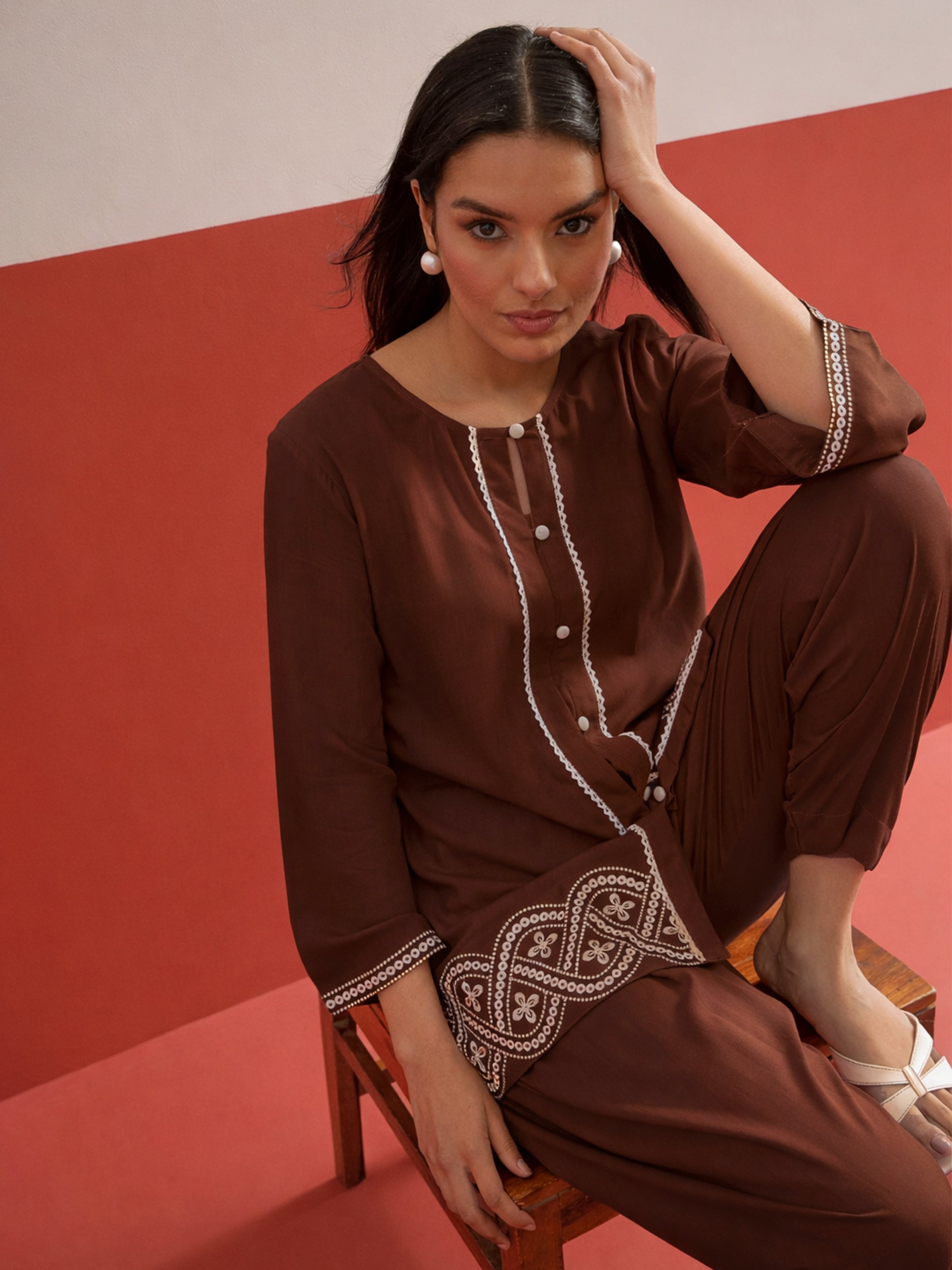 Brown Embroidered Button Down Short Kurti With Pharsi Salwar-Shae by SASSAFRAS
