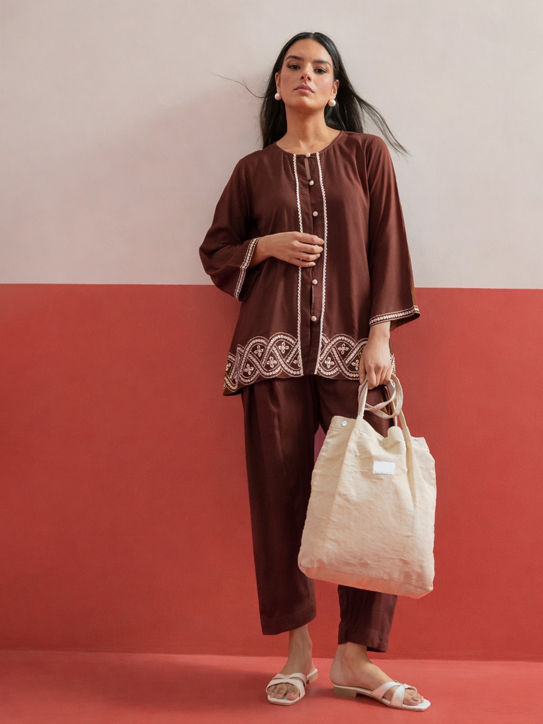Brown Embroidered Button Down Short Kurti With Pharsi Salwar-Shae by SASSAFRAS