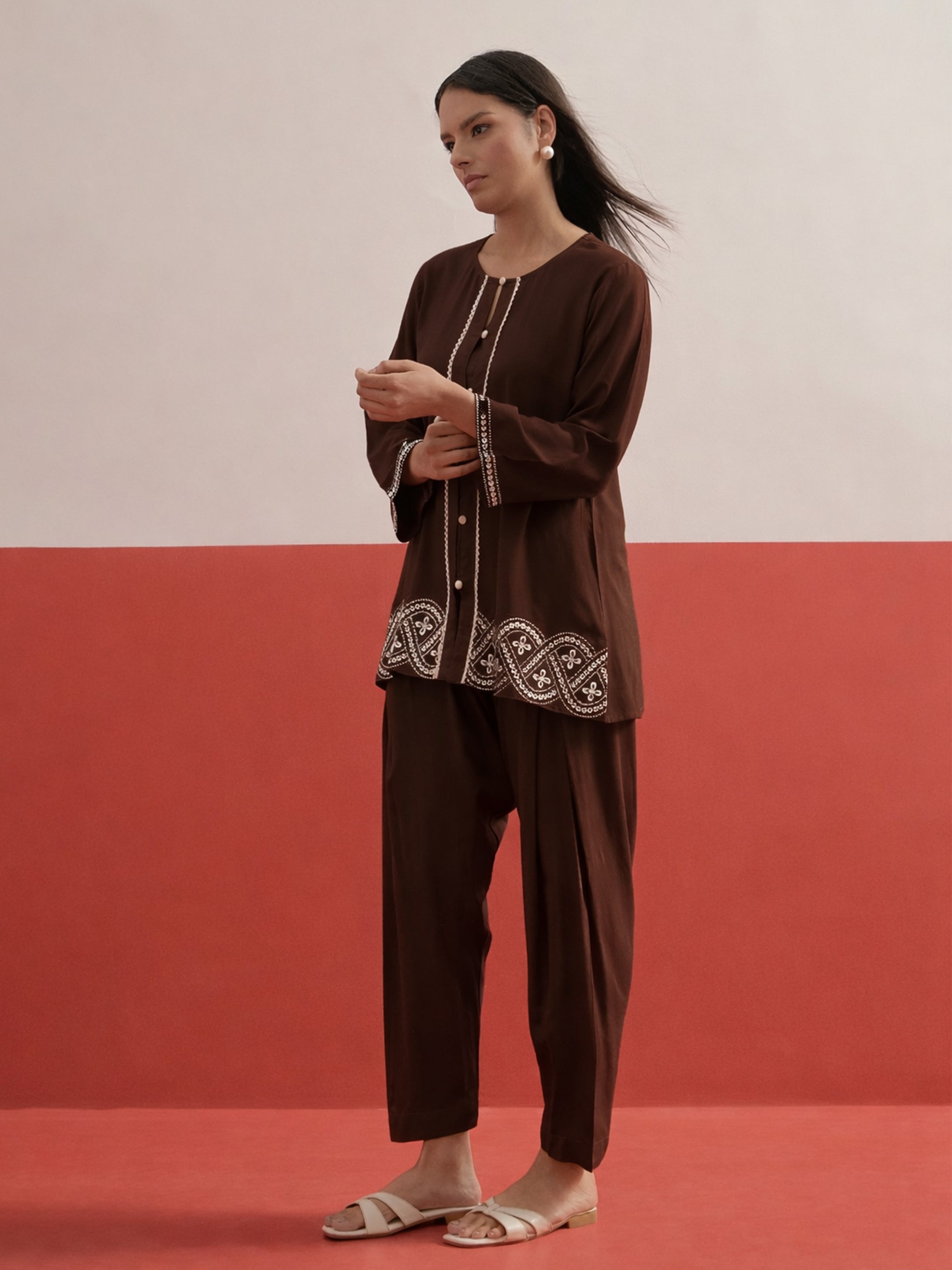 Brown Embroidered Button Down Short Kurti With Pharsi Salwar-Shae by SASSAFRAS