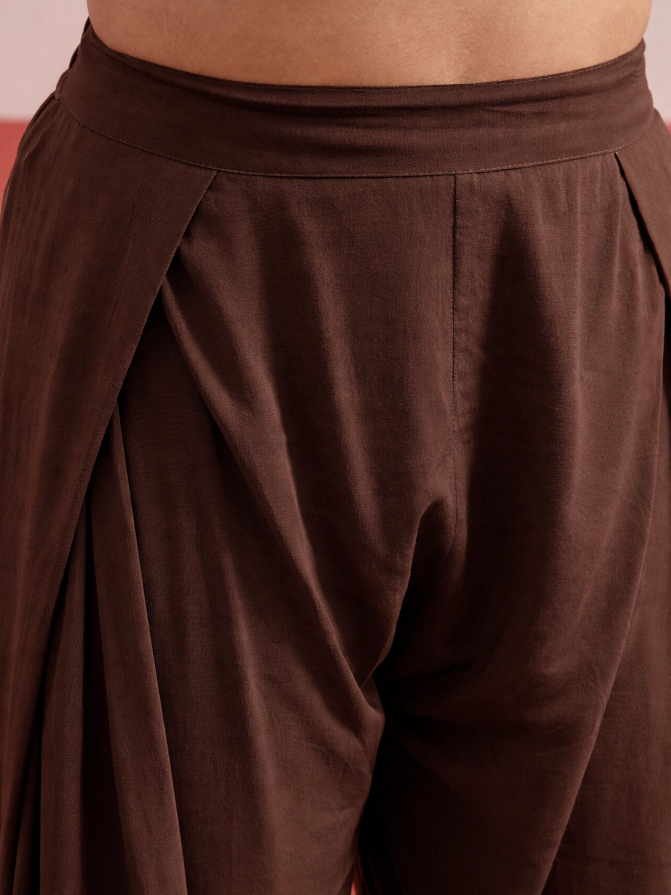 Brown Embroidered Button Down Short Kurti With Pharsi Salwar-Shae by SASSAFRAS