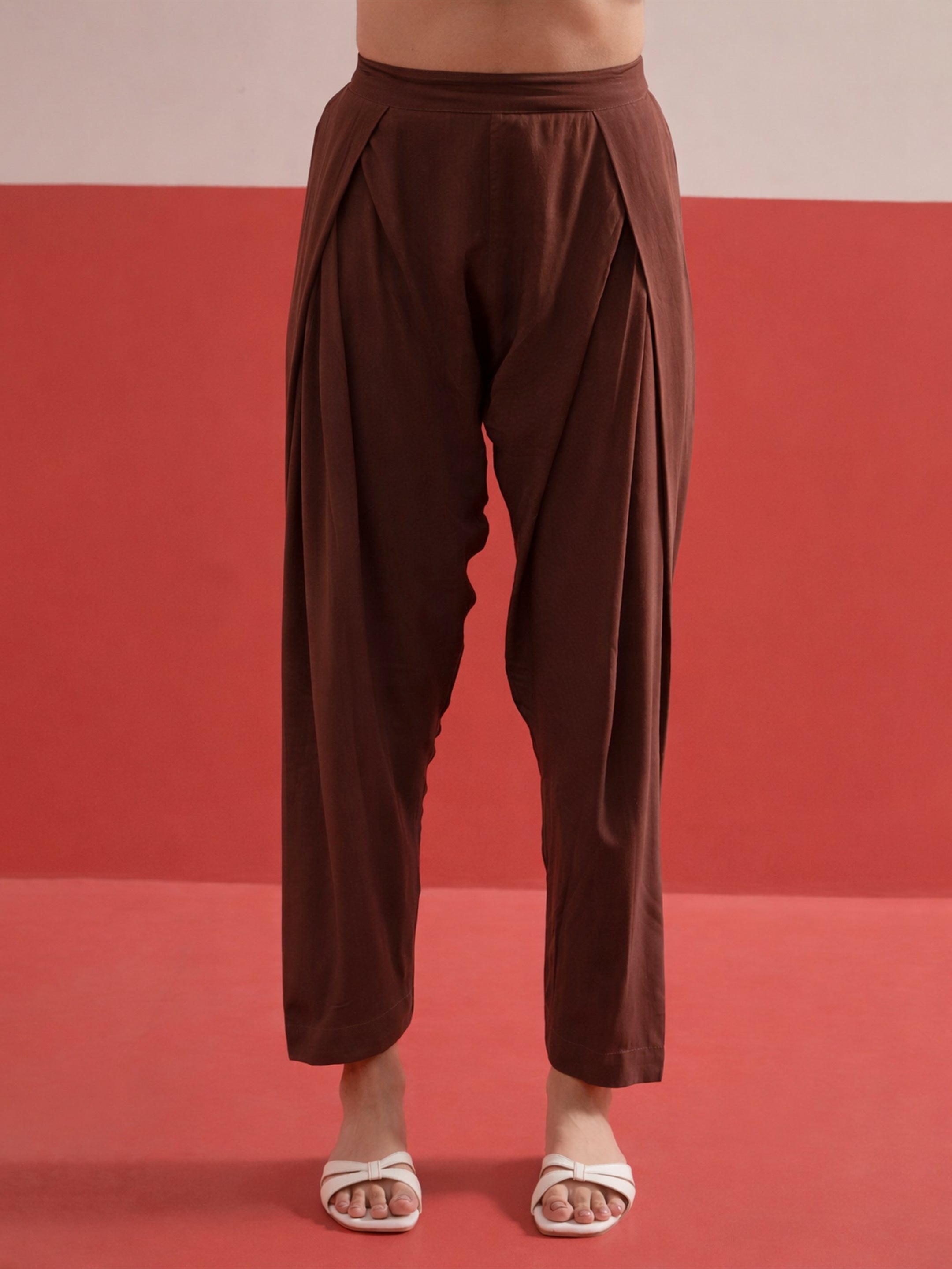 Brown Embroidered Button Down Short Kurti With Pharsi Salwar-Shae by SASSAFRAS