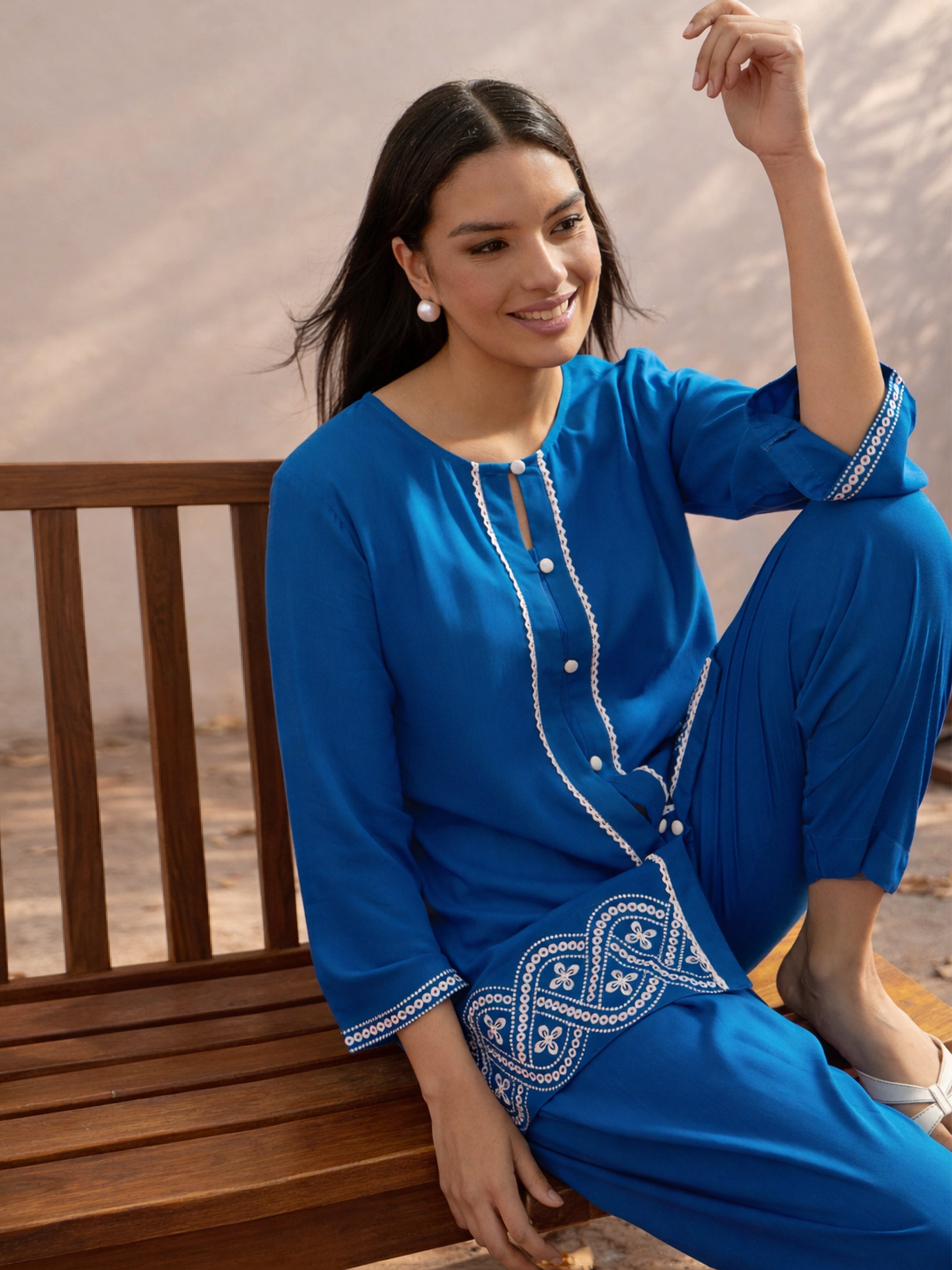 Cobalt Blue Embroidered Button Down Short Kurti With Pharsi Salwar-Shae by SASSAFRAS