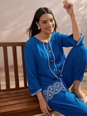 Cobalt Blue Embroidered Button Down Short Kurti With Farshi Salwar-Shae by SASSAFRAS