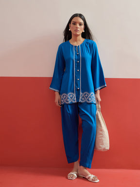 Cobalt Blue Embroidered Button Down Short Kurti With Farshi Salwar-Shae by SASSAFRAS