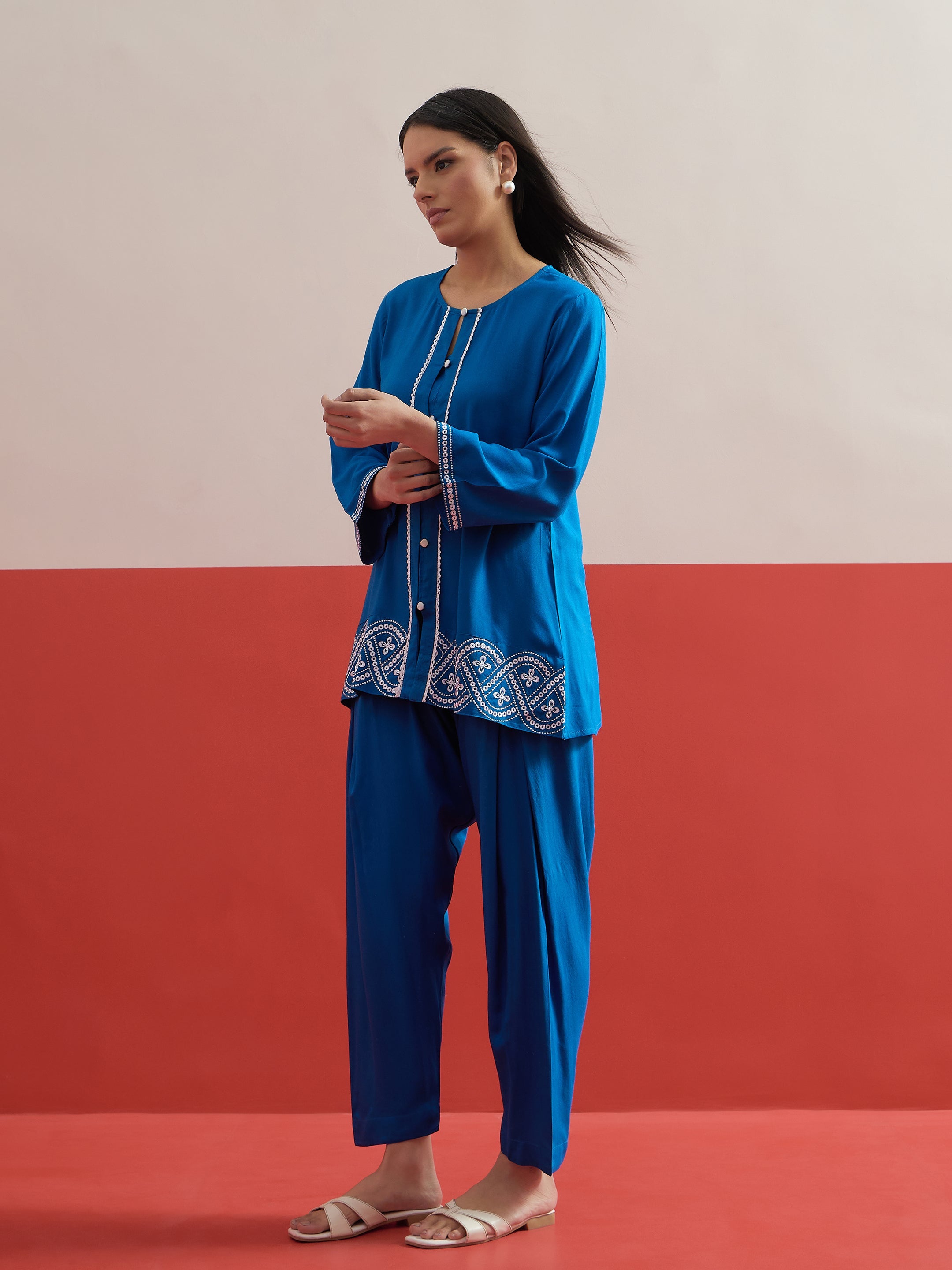 Cobalt Blue Embroidered Button Down Short Kurti With Pharsi Salwar-Shae by SASSAFRAS
